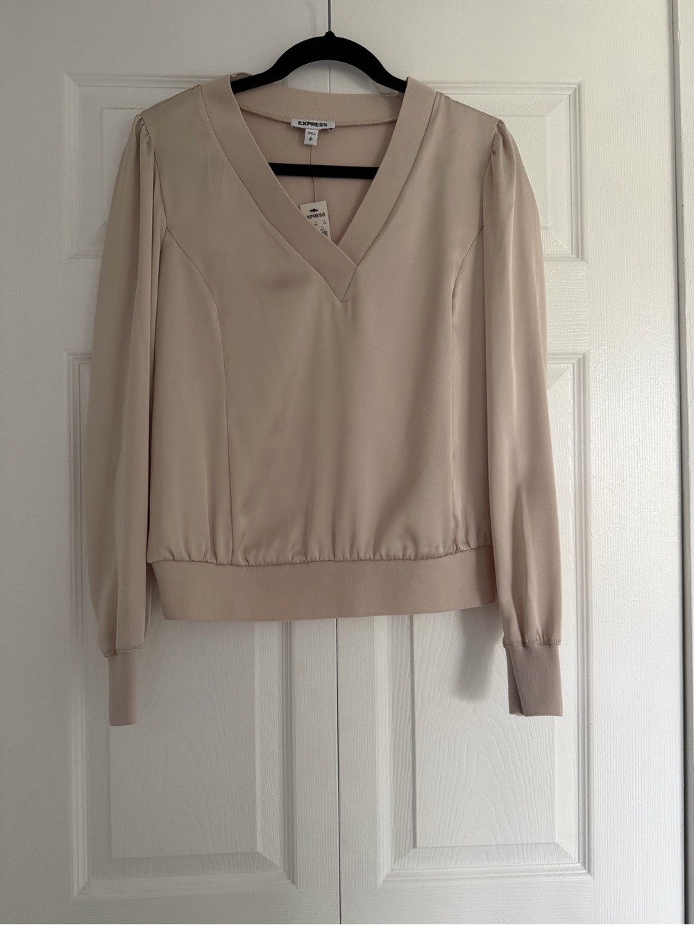 Express Champagne Color V-Neck Long Sleeve Blouse — Elastic Hem